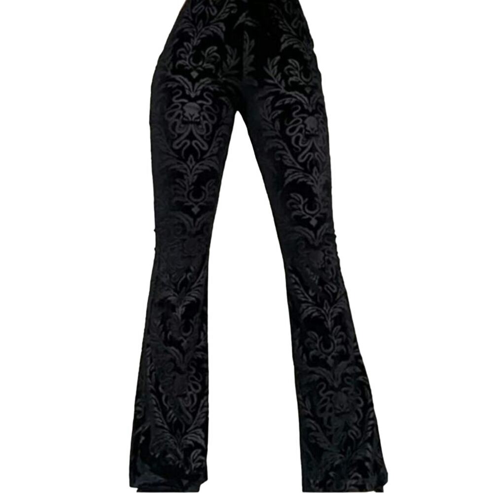 NWT Large Black Velour Damask Brocade Goth Cthulhu Flares - Picture 6 of 12